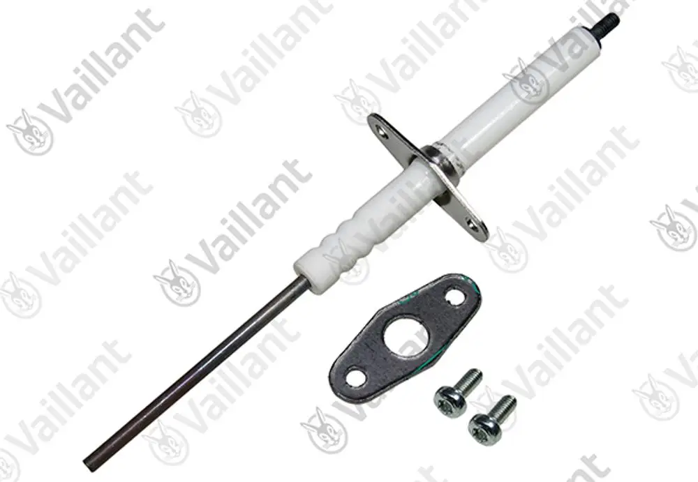 Vaillant Elektrode mit metallischem Stift, Kunststoffgriff und Montageplatte, ergänzt durch zwei Schrauben. Sichtbare Markierung zur Identifikation.